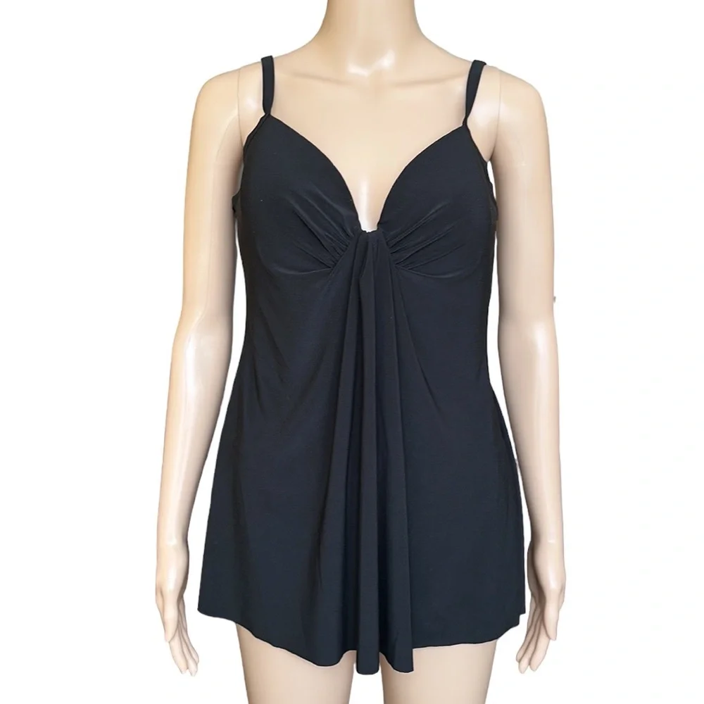Miraclesuit Marina Black Underwire Plunge Tankini Top Women's Size 10